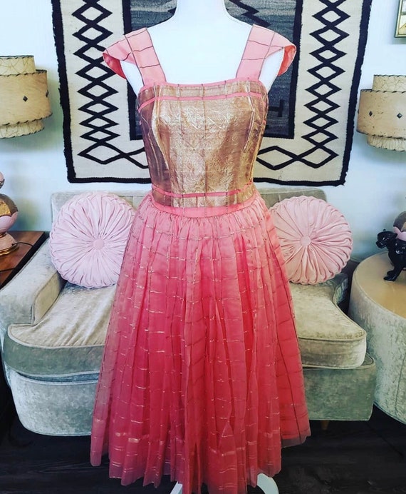 Vintage 1950s Coral Chiffon Gold Dress