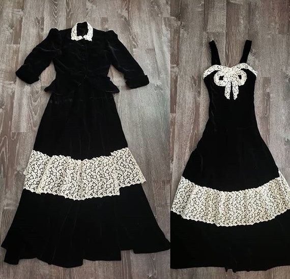 1930s Black Velvet Cream Lace Gown Dress 4 piece s