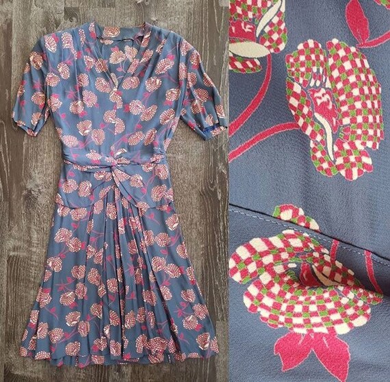 1930s Rayon Floral Dress Blue Pink Cream