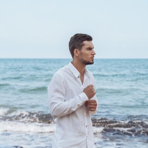Men&#39;s White Linen Shirt - Straight Fit with Button Closure