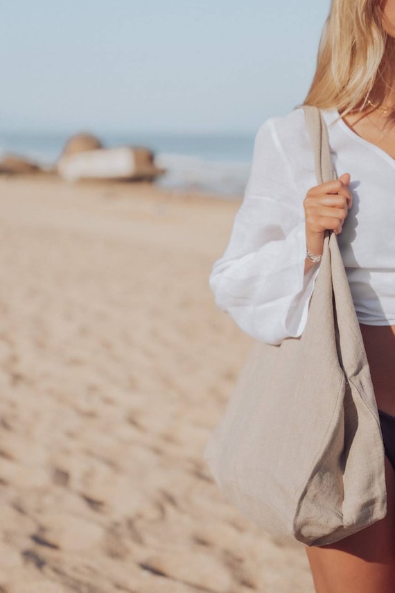 Sac fourre tout en lin. Sac caba sen lin naturel pour la plage