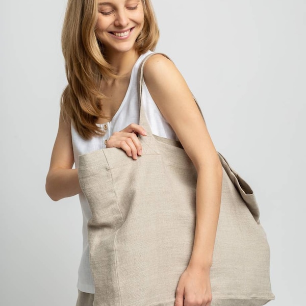 Sac fourre-tout en lin. Sac caba sen lin naturel, pour la plage, shopping, marché ou boulot.