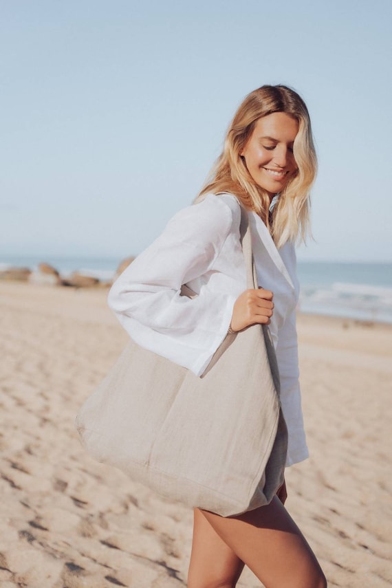 Sac fourre tout en lin. Sac caba sen lin naturel pour la plage