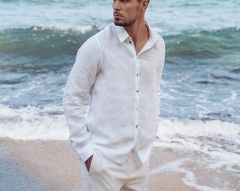 White linen shirt for men, Classic linen shirt, Mens clothing, Classic fit men's linen shirt, Linen shirt