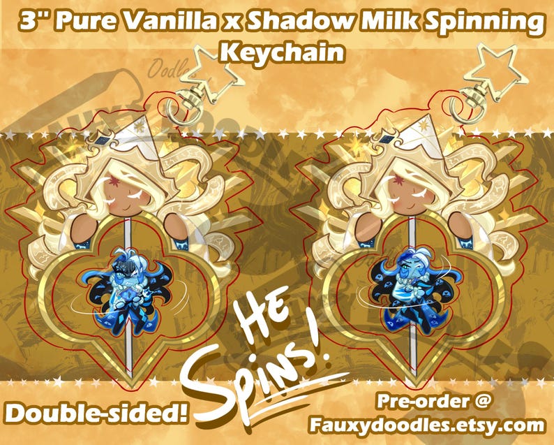 May include: Double-sided keychain featuring a cartoon character with a gold crown and flowing hair, and a blue character at the bottom. The keychain is 3 inches in size and has the text "HE SPINS!" and "Double-sided!"