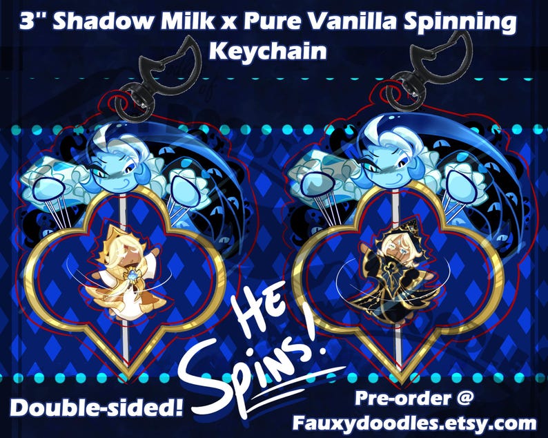 May include: Double-sided spinning keychain featuring a cartoon character in gold and black, with a blue and white design. The keychain is 3 inches in size and has the text "He Spins!" and "Double-sided!"