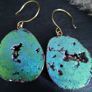 Green Druzy Agate Slice Brass Hangers, Ear Weights, Aura Druzy Ear Hangers, Druzy Ear Weights, Chunky Earrings.