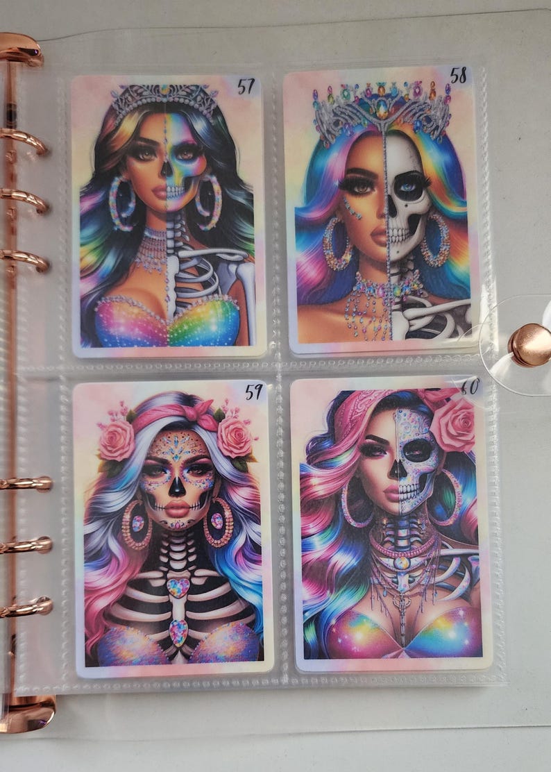 May include: Four colorful cards with images of women with half of their face as a skull and half as a human. The cards are numbered 57, 58, 57, and 60.
