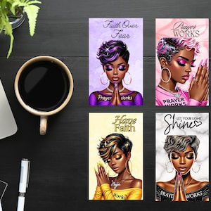 May include: Four digital art prints featuring black women with different hairstyles and makeup. Each print has a different inspirational quote, including "Faith Over Fear", "Have Faith", "Prayer Works", and "Let Your Light Shine".