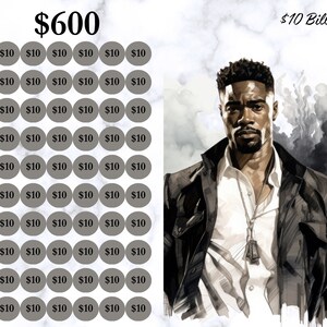 Peut inclure: Une illustration num&eacute;rique d'un homme avec une expression s&eacute;rieuse. Il porte une chemise blanche, une veste noire et une cha&icirc;ne en argent avec un pendentif. L'image est sur un fond de marbre gris et blanc. Le texte "$600" est en haut de l'image, et le texte "$10 Bills" est en haut &agrave; droite de l'image. Il y a 60 cercles dispos&eacute;s en 10 rang&eacute;es de 6 cercles chacune. Chaque cercle contient le texte "$10".