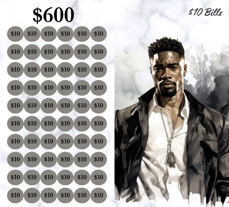 Peut inclure: Une illustration num&eacute;rique d'un homme avec une expression s&eacute;rieuse. Il porte une chemise blanche, une veste noire et une cha&icirc;ne en argent avec un pendentif. L'image est sur un fond de marbre gris et blanc. Le texte "$600" est en haut de l'image, et le texte "$10 Bills" est en haut &agrave; droite de l'image. Il y a 60 cercles dispos&eacute;s en 10 rang&eacute;es de 6 cercles chacune. Chaque cercle contient le texte "$10".