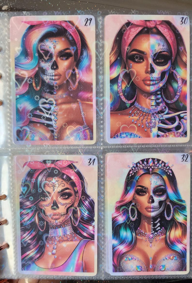 May include: Four colorful cards with images of women with half of their face as a skull and half as a human. The cards are numbered 21, 30, 31, and 32.