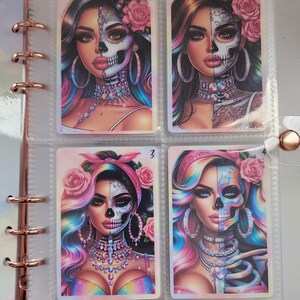 May include: Four colorful cards with images of women with half of their faces painted as a skull. The cards are numbered 1 through 4.