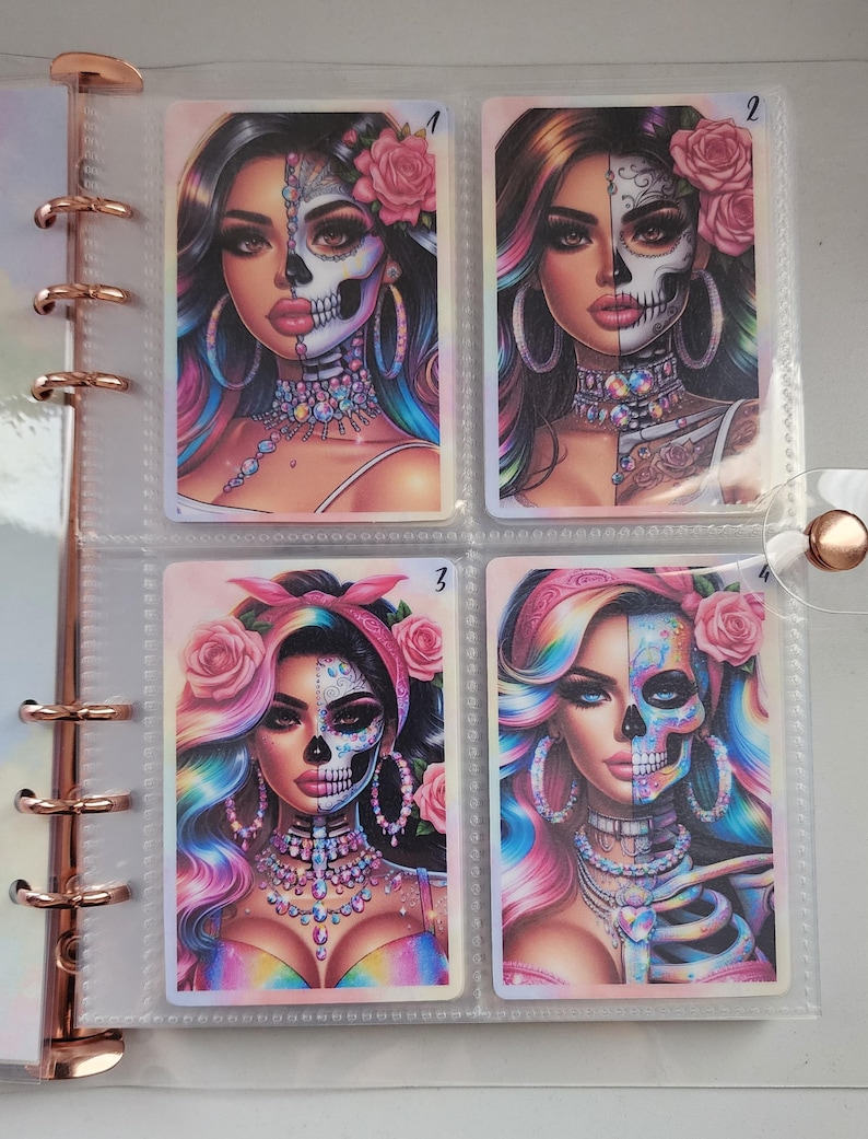May include: Four colorful cards with images of women with half of their faces painted as a skull. The cards are numbered 1 through 4.