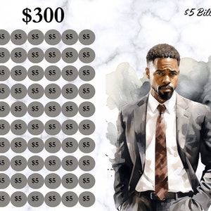 Peut inclure: Une repr&eacute;sentation visuelle de 300 $ en esp&egrave;ces, pr&eacute;sent&eacute;e sous la forme de soixante billets de 5 $ dispos&eacute;s en grille. L'image pr&eacute;sente &eacute;galement un homme en costume et cravate.