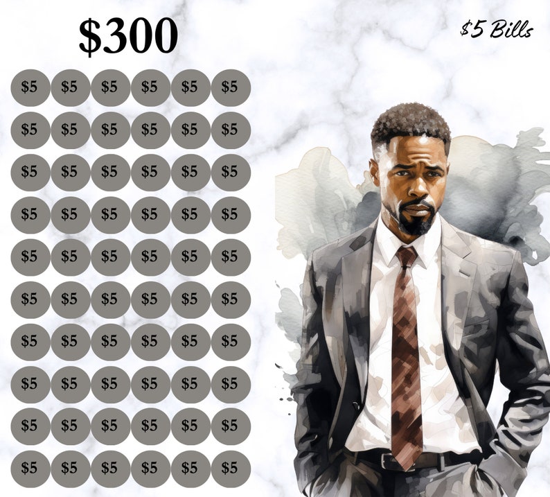 Peut inclure: Une repr&eacute;sentation visuelle de 300 $ en esp&egrave;ces, pr&eacute;sent&eacute;e sous la forme de soixante billets de 5 $ dispos&eacute;s en grille. L'image pr&eacute;sente &eacute;galement un homme en costume et cravate.