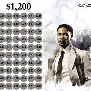 Peut inclure: Une illustration graphique d'un homme portant un costume marron clair et une cravate fonc&eacute;e. L'image est sur un fond de marbre gris et blanc. L'image comprend &eacute;galement une grille de 60 cercles gris avec le texte "$20" dans chaque cercle. Le texte "$1,200" est en haut de l'image et le texte "$20 Bills" est en haut &agrave; droite de l'image.
