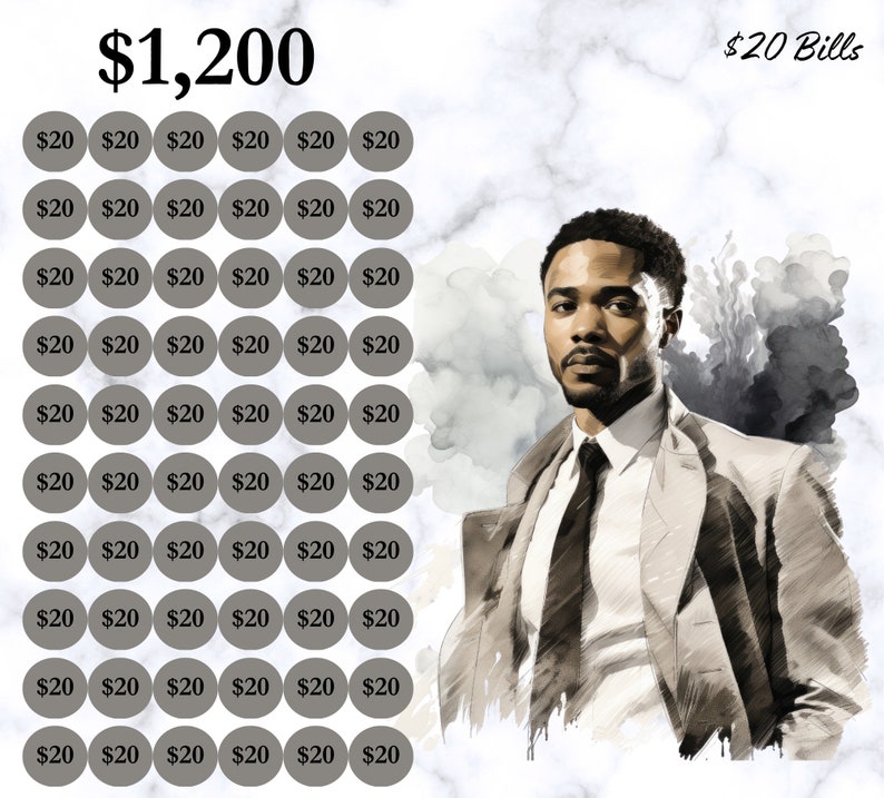 Peut inclure: Une illustration graphique d'un homme portant un costume marron clair et une cravate fonc&eacute;e. L'image est sur un fond de marbre gris et blanc. L'image comprend &eacute;galement une grille de 60 cercles gris avec le texte "$20" dans chaque cercle. Le texte "$1,200" est en haut de l'image et le texte "$20 Bills" est en haut &agrave; droite de l'image.