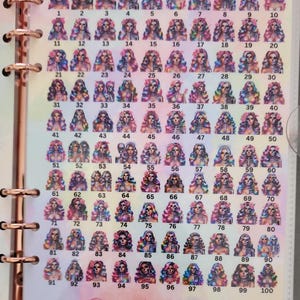 May include: A colorful chart with 100 squares, each containing a different image of a woman with a skull face and floral accents. The chart is labeled "100 Envelope Challenge Tracker" and "Total=$5,150".