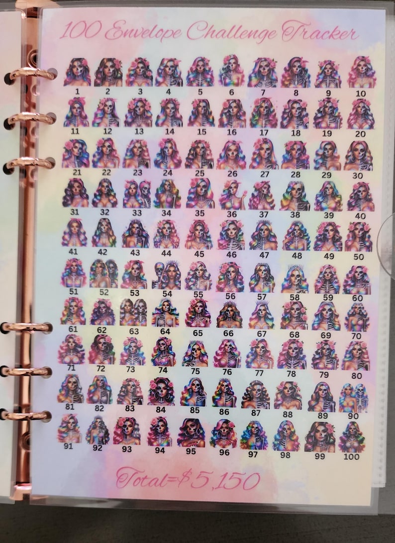 May include: A colorful chart with 100 squares, each containing a different image of a woman with a skull face and floral accents. The chart is labeled "100 Envelope Challenge Tracker" and "Total=$5,150".