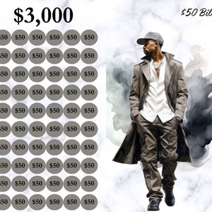 Peut inclure: Un graphique montrant 3 000 $ en billets de 50 $. L'image montre 60 cercles, chacun contenant le nombre 50 $. L'image montre &eacute;galement une personne portant un manteau marron, une chemise blanche et un pantalon noir.