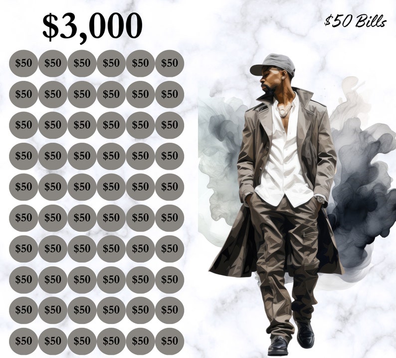 Peut inclure: Un graphique montrant 3 000 $ en billets de 50 $. L'image montre 60 cercles, chacun contenant le nombre 50 $. L'image montre &eacute;galement une personne portant un manteau marron, une chemise blanche et un pantalon noir.