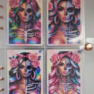 May include: Four colorful illustrations of women with half of their face as a skull and half as a human face. The women are wearing pink and white flowers in their hair and have colorful hair. The illustrations are on a white background with numbers 17, 18, 19, and 20 in the top right corner of each illustration.