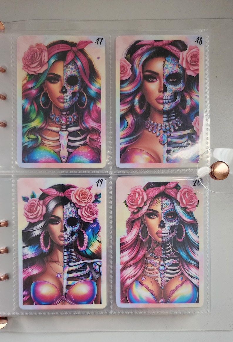 May include: Four colorful illustrations of women with half of their face as a skull and half as a human face. The women are wearing pink and white flowers in their hair and have colorful hair. The illustrations are on a white background with numbers 17, 18, 19, and 20 in the top right corner of each illustration.