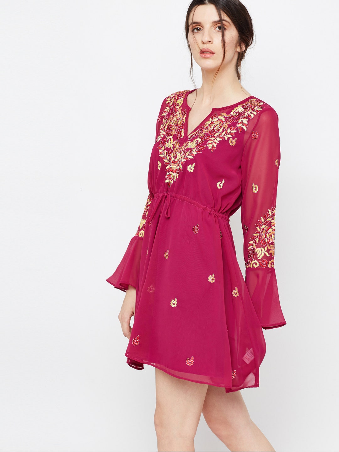 Embroidered Fushia Pink Tunic Dress With Bell Sleeves Etsy