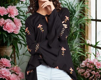 Embroidered Rayon Tunic Top: Bohemian Floral Long Sleeve