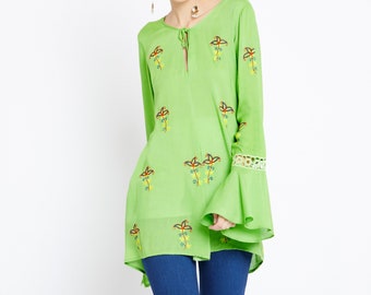 Embroidered Rayon Tunic Top: Boho Bell Sleeve Asymmetrical Blouse