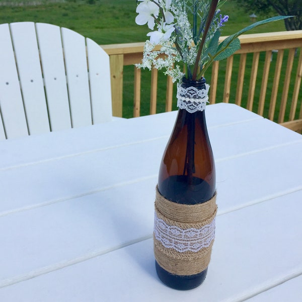 Brown Mini Wine Bottle Vase with Twine Burlap Lace Pearls Rustic Country Barn Wedding Decor Table Centerpiece
