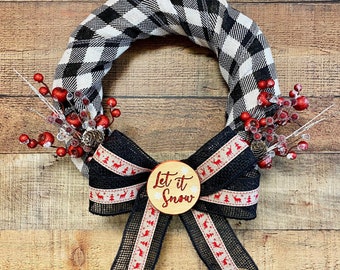 Let it Snow Buffalo Plaid Christmas Wreath Black White Red Reindeer Burlap Holiday Door Hanger