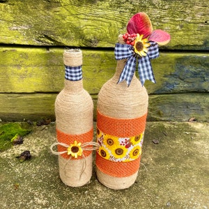 Sunflower Wine Bottle Vase Set Upcycled Glass Bottle Vases Fall Home Decor