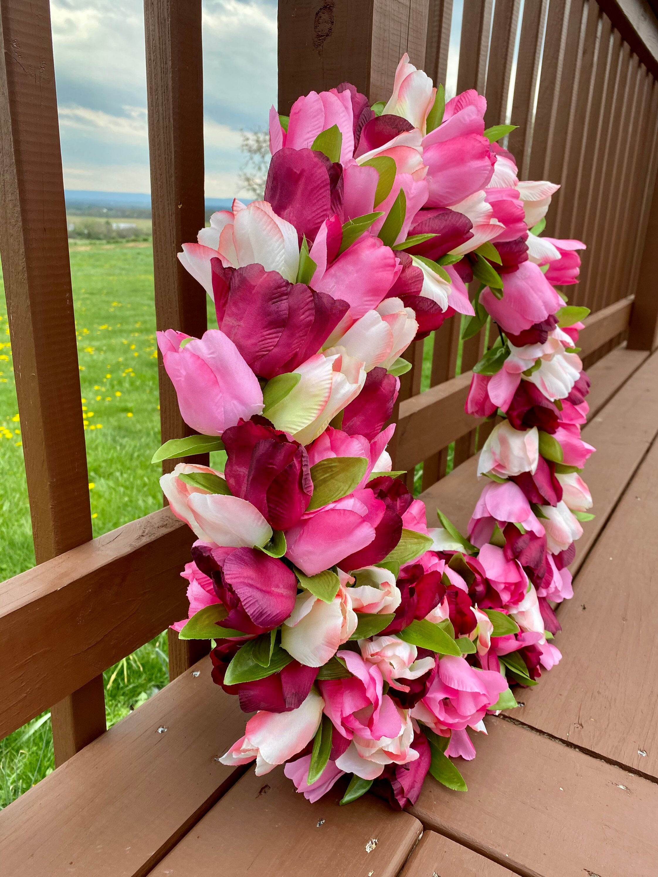 Pink Tulip Spring Wreath Flower Door Hanger - Etsy