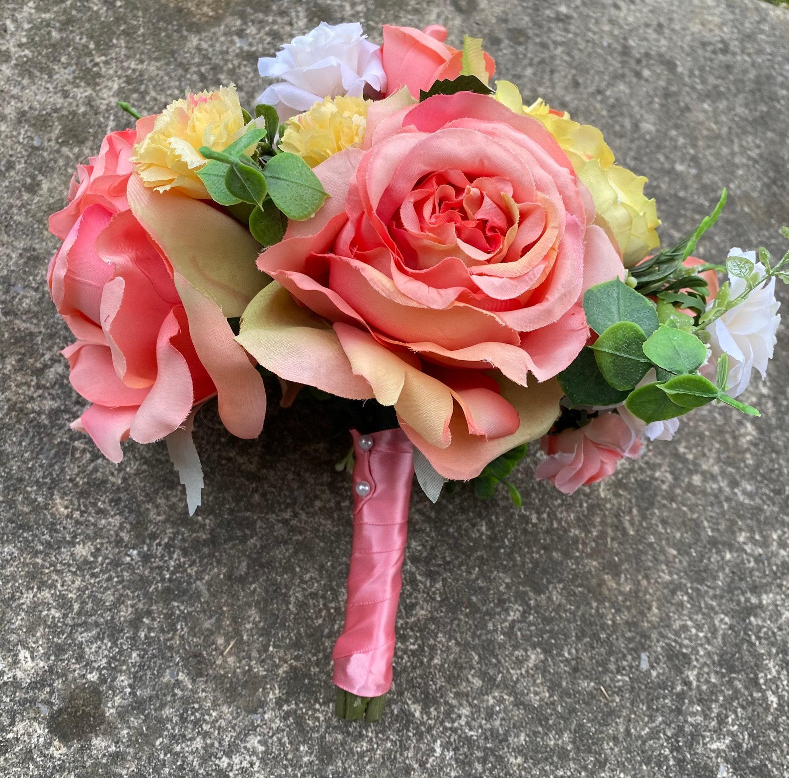 Spring Wedding Flower Set Coral Yellow Bridal Bouquet Etsy