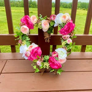 Pink Flower Heart Grapevine Wreath