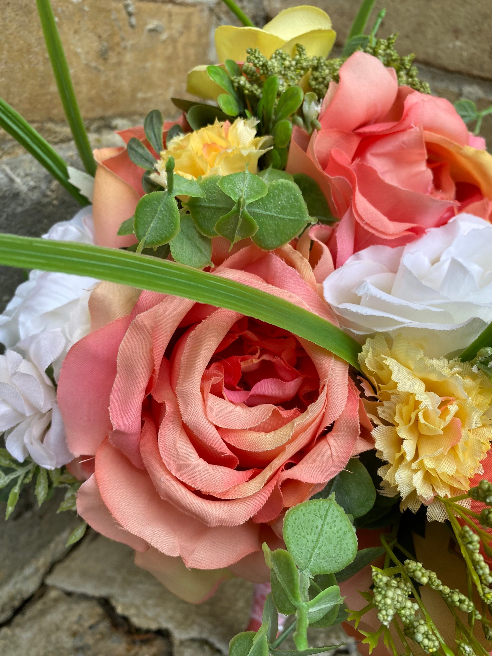 Spring Wedding Flower Set Coral Yellow Bridal Bouquet Etsy