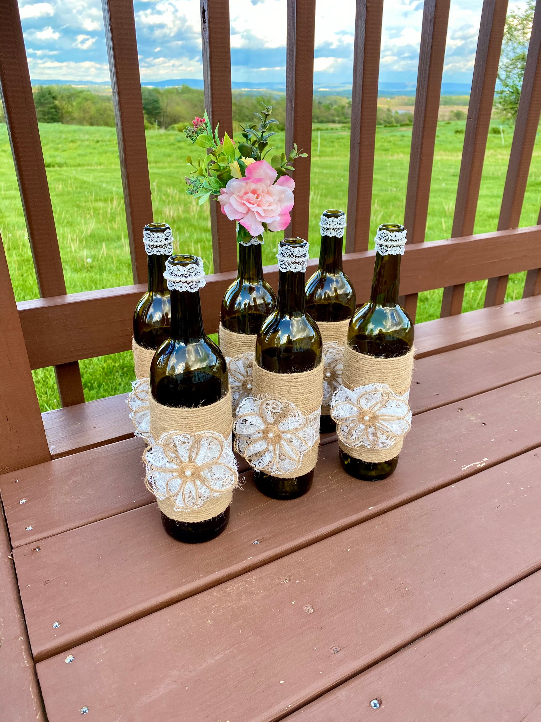 Green Wine Bottle Vase Barn Wedding Decor Twine Burlap Lace Pearl Table  Centerpiece - Etsy, image size:2244x2992