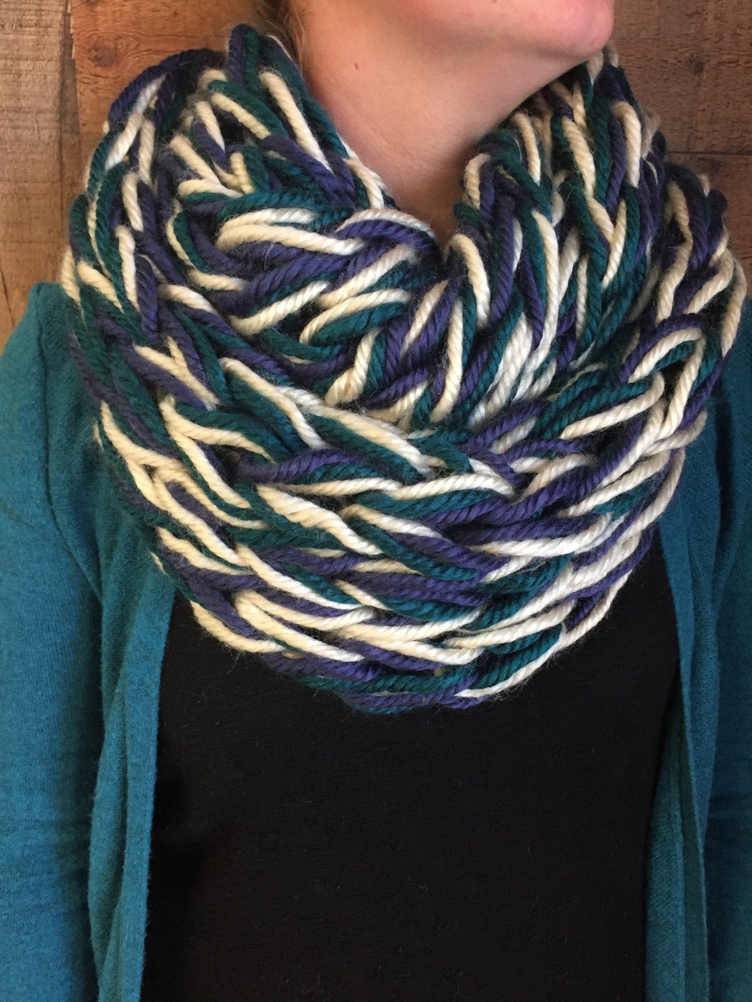 Arm Knit White Blue Infinity Scarf Hand Knit - Etsy