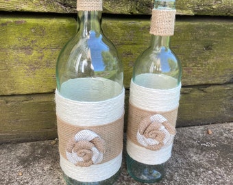 Wine Bottle Vase Set Twine Burlap Cream Tan Home Office Bar Decor