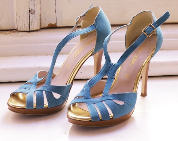 Women's Blue Gold Satin Heels Sandals Latin Salsa With Ankle Strap Dance  Shoes D602018