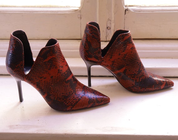 red faux snake stiletto ankle boots, red snake sti