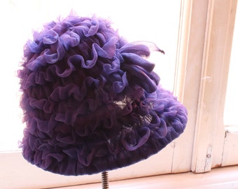 vintage organza crepe ruffled  purple  cloche hat
