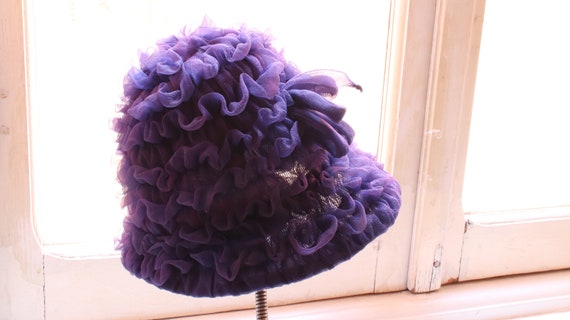 vintage organza crepe ruffled purple cloche hat