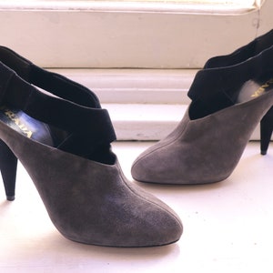 Prada gray suede ankle boots, suede heeled ankle booties, vintage Prada shoes