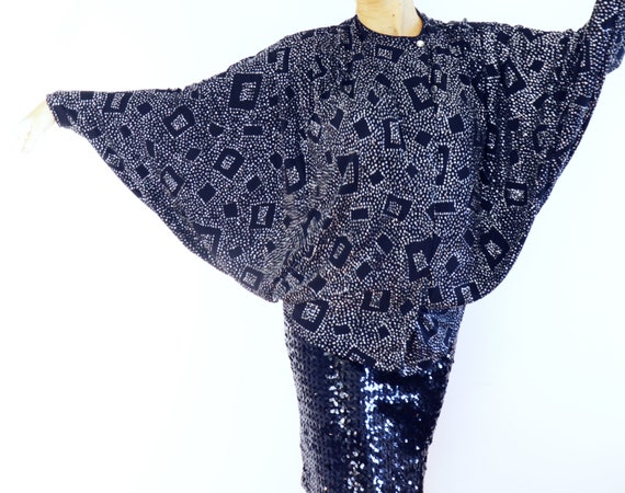 80's vintage glam glittered bat sleeves black blo