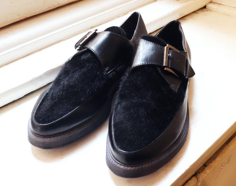 Men's Black Fur Creepers, Men's Platform Shoes, Pointed Toe Black
