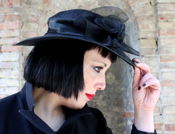 Sinamay black large fascinator hat, vintage 1940's