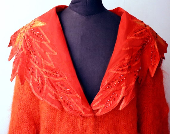 vintage 1980's red fluffy mohair wool cardigan / … - image 1